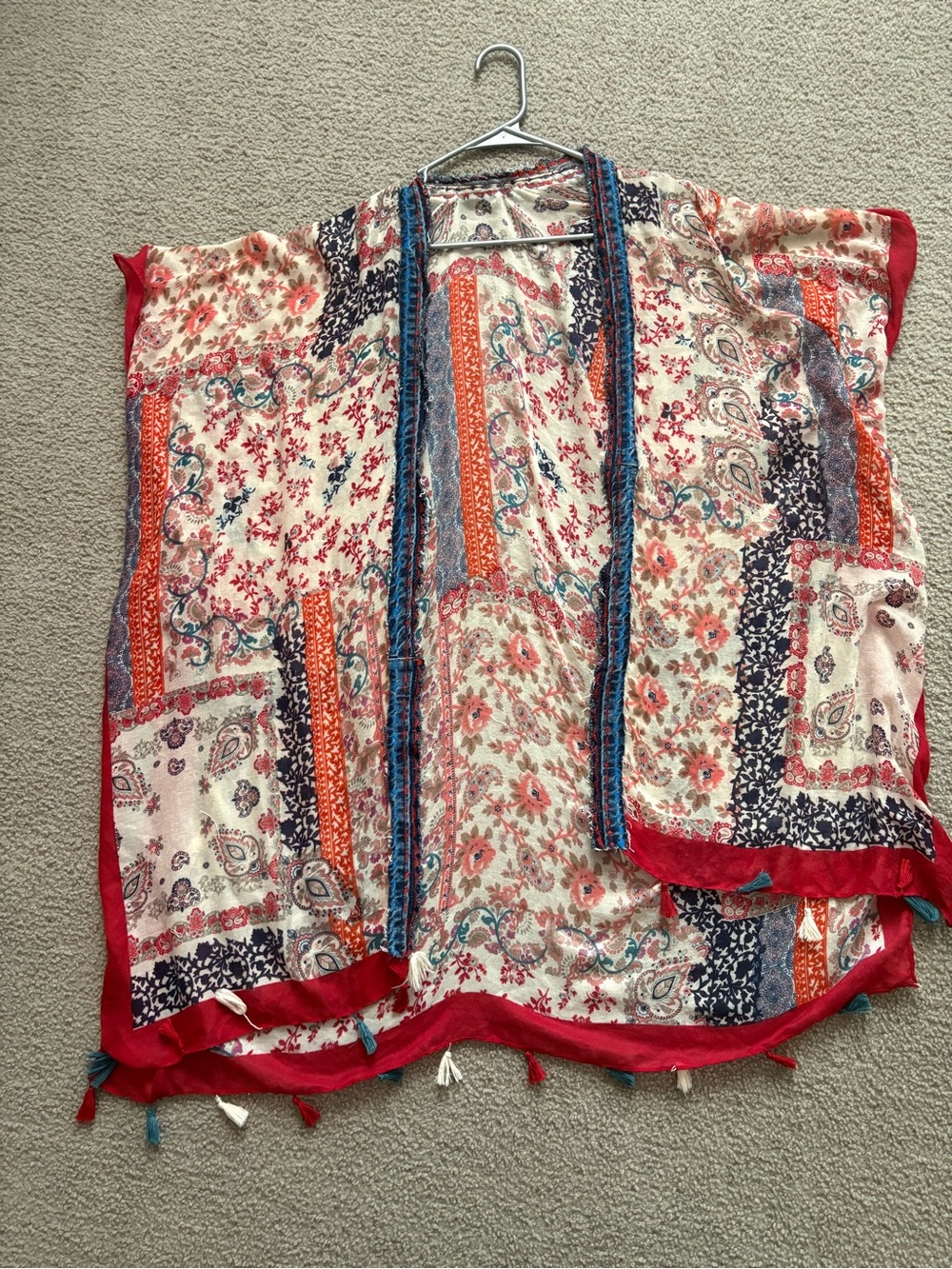 Boho Floral Patchwork Kimono - Red Trim